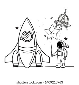 astronaut with spacesuit and rocket in white background
