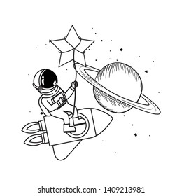 astronaut with spacesuit and rocket in white background
