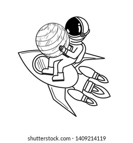 astronaut with spacesuit and rocket in white background