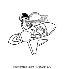 astronaut with spacesuit and rocket in white background