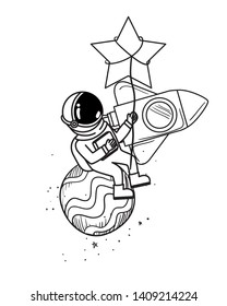 astronaut with spacesuit and rocket in white background