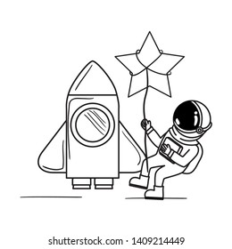 astronaut with spacesuit and rocket in white background