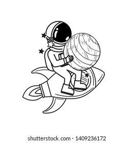 astronaut with spacesuit and rocket in white background