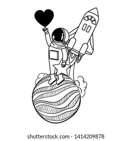 astronaut with spacesuit and rocket in white background