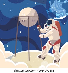 astronaut in spacesuit with satellite on moon space vector illustration