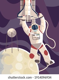astronaut in spacesuit satellite and shuttle on moon space vector illustration