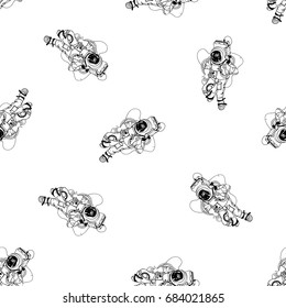 Astronaut in spacesuit seamless pattern. Cosmonaut in space on white background. Black and white outline vector illustration.