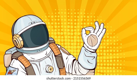 Astronauta en espacio que muestra la ilustración vectorial del arte pop gestual. Cosmonauta con casco, traje uniforme para exploración espacial y vuelo en cosmos haciendo gestos de aprobación en fondo amarillo medio tono