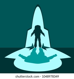 Astronaut in spacesuit silhouette with casting shadow. Keyhole concept which has a bright light. Light poured into the room from the space craft shape keyhole.