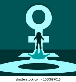 Astronaut in spacesuit silhouette with casting shadow. Keyhole concept which has a bright light. Light poured into the room from the Venus planet symbol keyhole.