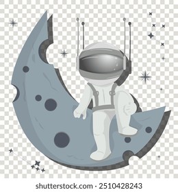 An astronaut in a spacesuit sits among the stars on the planet moon, flat childrens doodles on a transparent isolated background