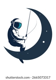 An astronaut in a spacesuit sits on a crescent moon, fishing with a rod. The scene is set against a white background with small white dots representing stars.