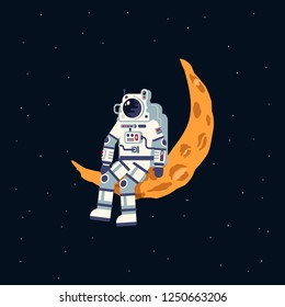 An astronaut in a spacesuit sits on the moon crescent. Vector flat illustration.