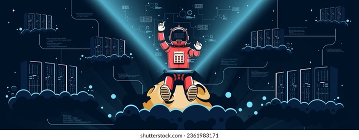 Der Astronaut im Raumschiff sitzt auf dem Planeten mit holografischer Schnittstelle und steuert Server im Weltraum. Vektorgrafik.