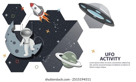 An astronaut in a spacesuit sits on the planet moon and watches UFOs against the background of space in the form of honeycombs, flat childrens doodles