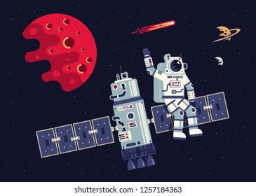 Astronaut in spacesuit sits on the wing of a satellite and waves his hand among Mars, other planets and stars.