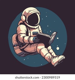 Astronaut in spacesuit sitting and reading book cartoon character  vintage badge logo vector illustration for poster and t shirt design