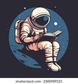 Astronaut in spacesuit sitting and reading book cartoon character  vintage badge logo vector illustration for poster and t shirt design