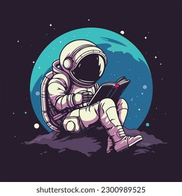 Astronaut in spacesuit sitting and reading book cartoon character  vintage badge logo vector illustration for poster and t shirt design