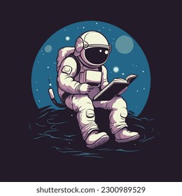 Astronaut in spacesuit sitting and reading book cartoon character  vintage badge logo vector illustration for poster and t shirt design