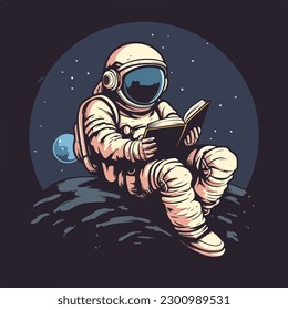 Astronaut in spacesuit sitting and reading book cartoon character  vintage badge logo vector illustration for poster and t shirt design