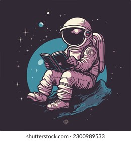 Astronaut in spacesuit sitting and reading book cartoon character  vintage badge logo vector illustration for poster and t shirt design