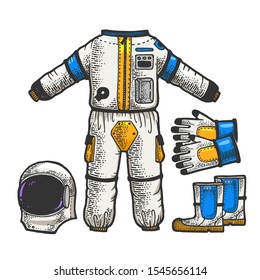 Astronaut Spacesuit sketch engraving vector illustration. T-shirt apparel print design. Scratch board style imitation. Black and white hand drawn image.
