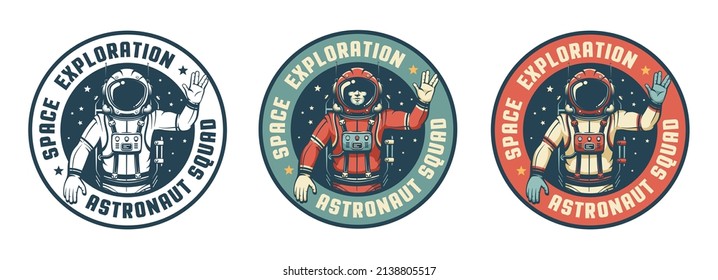 Astronaut in spacesuit - space retro badge. Spaceman waves his hand vintage emblem. Vector image.