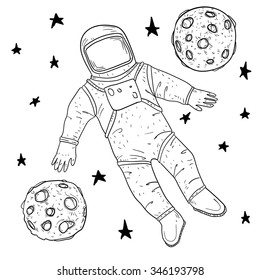 Astronaut in spacesuit in the spase. Ink drawn illustration.