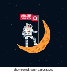 Astronaut in spacesuit is standing on crescent moon with flying flag. Vector flat illustration.