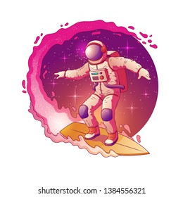 Astronaut in spacesuit standing on surfboard and surfing in Milky Way stars, having fun in outer space cartoon vector icon isolated on white background. Space traveling and tourism company logo