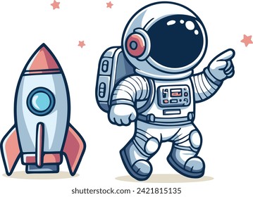 an astronaut in a spacesuit stands near his rocket and points to an asterisk vector drawing