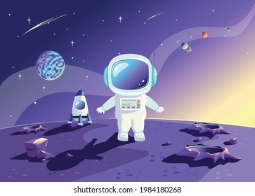 An astronaut in a spacesuit stands on the surface of the planet against the background of the rocket and the starry sky. Space travel and exploration vector illustration in cartoon style.