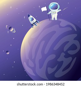 An astronaut in a spacesuit stands on the surface of the planet against the background of the rocket and the starry sky. Space travel and exploration vector illustration in cartoon style.