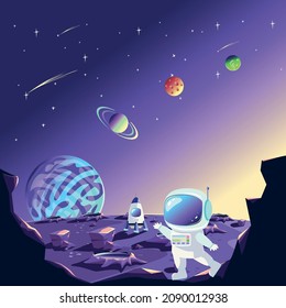 An astronaut in a spacesuit stands on the surface of the planet against the background of the rocket and the starry sky. Space travel and exploration vector illustration in cartoon style.