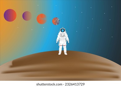  An astronaut in a spacesuit stands on the surface of the planet against the starry sky. Space travel and exploration vector illustration in cartoon style.