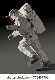 Astronaut in the spacesuit steps on the surface of the planet