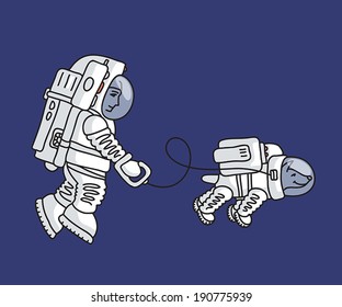 Astronaut in spacesuit is walking with dog in spacesuit in space