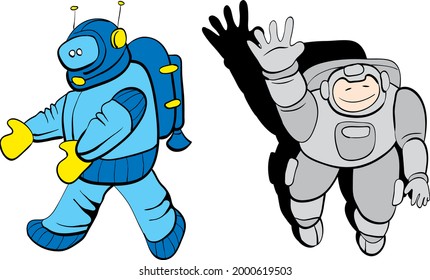 astronaut in a spacesuit is walking funny drawn