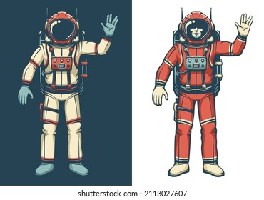 Astronaut in spacesuit waves his hand. Cosmonaut shows the Vulcan salute. Vector retro illustration.