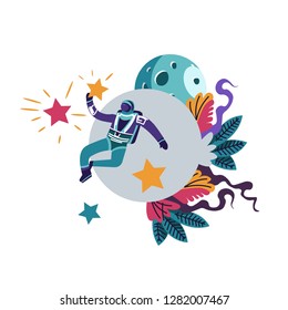 An astronaut, spacesuit wearing cosmonaut floating in space with planet earth and satellite moon behind, holding a twinkling star, colorful floral foliage as abstract design element, graphic flat conc