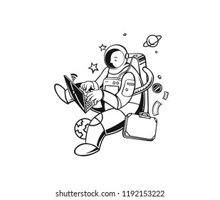 Astronaut in spacesuit working on laptop, Hand Drawn Sketch Vector illustration.