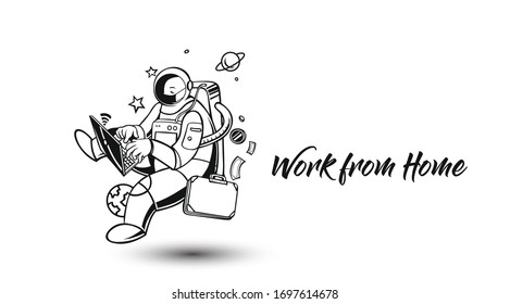 Astronaut in spacesuit working on laptop, Wearing Face Mask Fight Against Covid-19, Coronavirus Disease, Health Care and Safety, Vector Illustration.