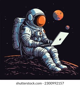 Astronauta en espacio que trabaja usando placa vintage para computadora portátil imagen vectorial para diseño de camisetas y afiches