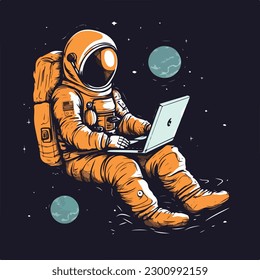 Astronaut in spacesuit working using laptop computer vintage badge logo vector illustration for t shirt and poster design