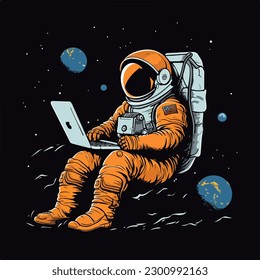 Astronaut in spacesuit working using laptop computer vintage badge logo vector illustration for t shirt and poster design