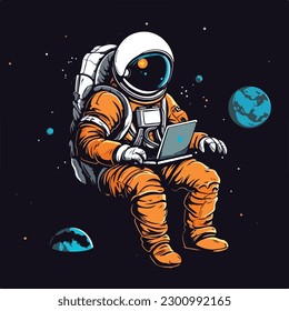 Astronaut in spacesuit working using laptop computer vintage badge logo vector illustration for t shirt and poster design