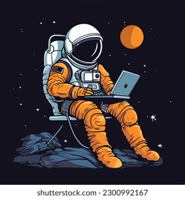 Astronauta en espacio que trabaja usando placa vintage para computadora portátil imagen vectorial para diseño de camisetas y afiches