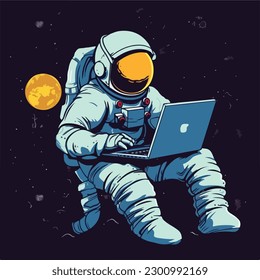 Astronaut in spacesuit working using laptop computer vintage badge logo vector illustration for t shirt and poster design