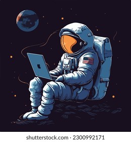 Astronauta en espacio que trabaja usando placa vintage para computadora portátil imagen vectorial para diseño de camisetas y afiches